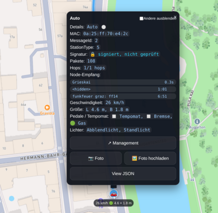 Vehicles on the live map, drawn from CAM messages