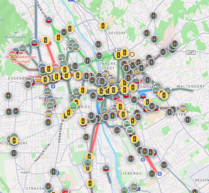 The live map showing trams, traffic lights and vehicles in Graz The live map showing trams, traffic lights and vehicles in Graz